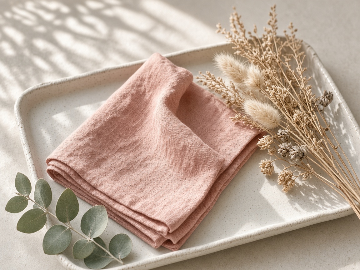 Rose linen and coastal botanical still life on a calm table
