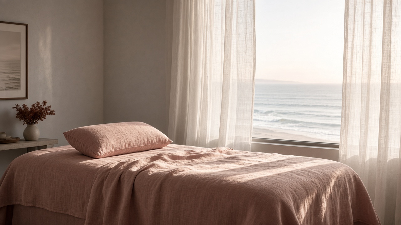 Horizontal coastal window light across linen bedding