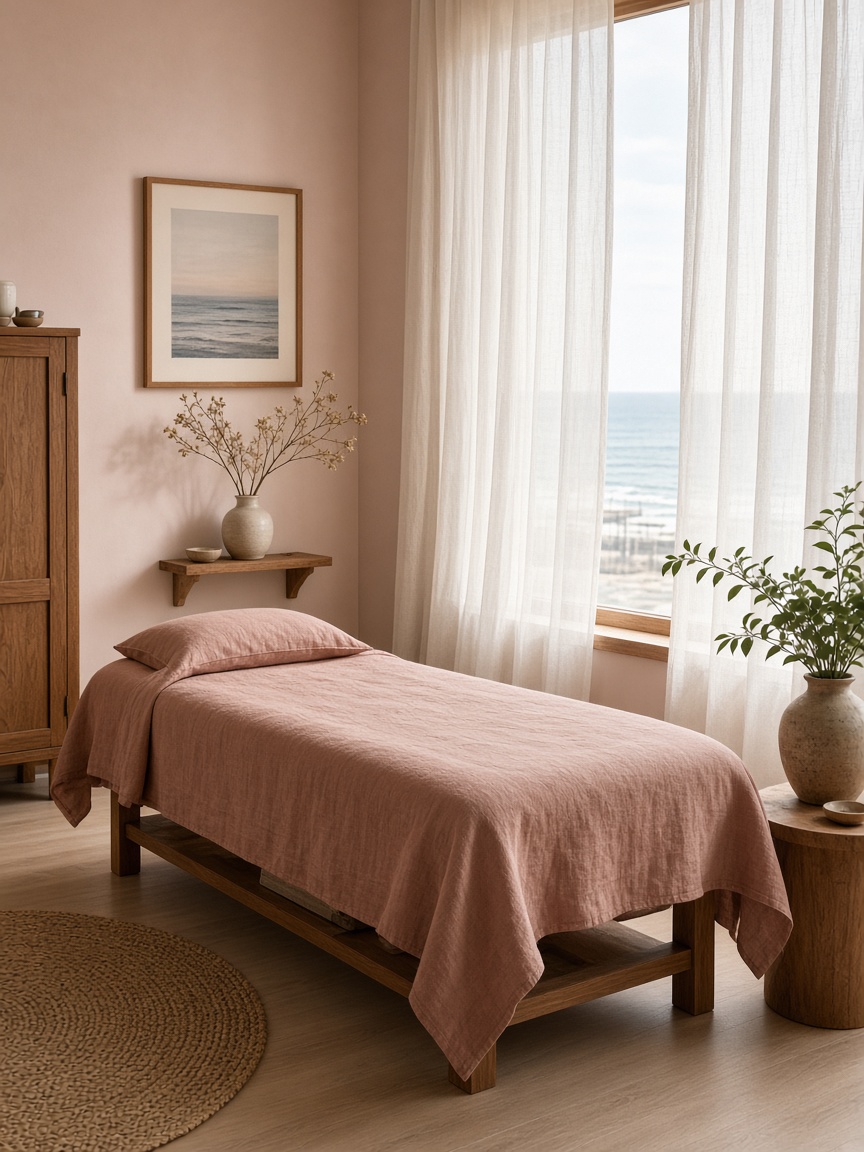 Sunlit Long Beach treatment room with rose linen and soft coastal daylight