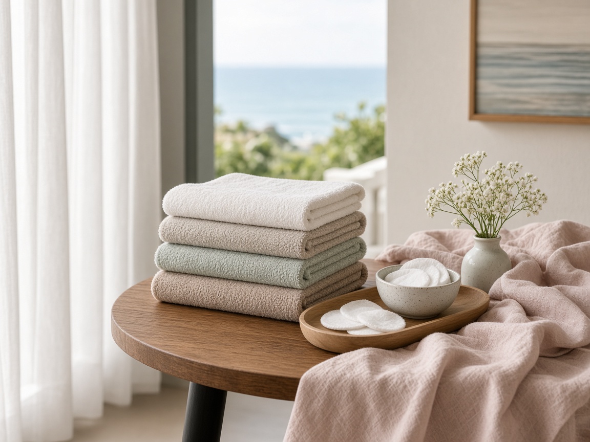 Private treatment room linens and wooden tray still life
